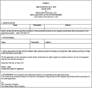 Indian Patent Form 5