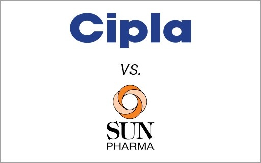 Courtroom illustration showing a legal dispute between Cipla Limited and Sun Pharmaceutical Industries Ltd., with pharmaceutical products, patent documents, and intellectual property symbols.