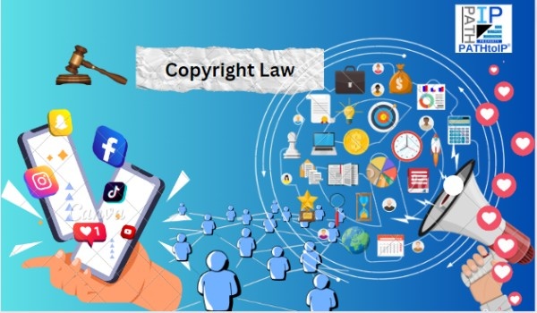 Copyright law illustration featuring books, music, artwork, digital media, and legal symbols representing creative rights and intellectual property protection.