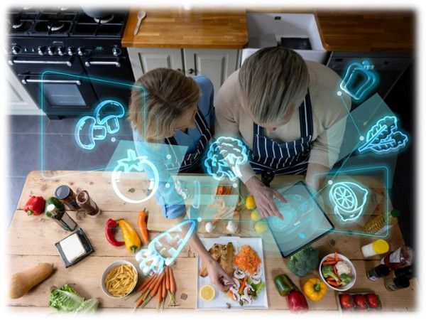 AI-powered food and beverage packaging system with smart labels, robotic automation, and sustainable packaging technology in a modern production facility.