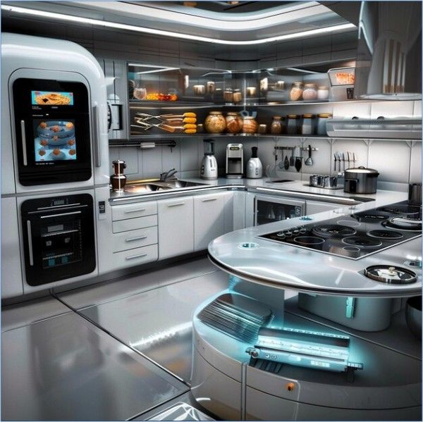 Modern smart kitchen with connected appliances, touchscreen refrigerator, smart oven, and IoT-enabled cooking technology.