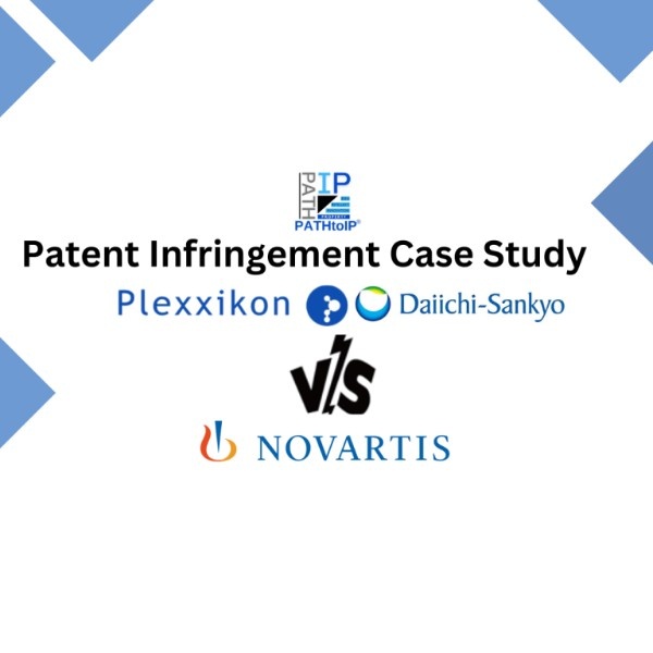 Legal illustration of a pharmaceutical patent infringement dispute between Plexxikon and Novartis, highlighting intellectual property rights and patent litigation.
