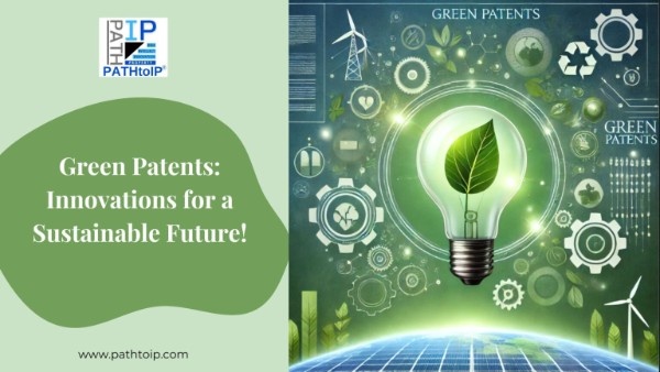 Renewable energy technologies with patent documents, wind turbines, solar panels, and green innovation icons representing green patents and sustainable innovation.