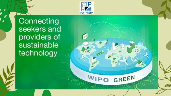 Green technology innovation with renewable energy icons, patents, and intellectual property symbols representing WIPO GREEN and IPC Green Inventory.