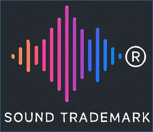 Musical notes and sound waves surrounding a brand logo, illustrating a sound trademark used to protect a distinctive audio identity.