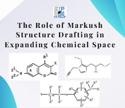 Chemical compound diagram illustrating Markush structure patent drafting for broad patent claims and expanded chemical space protection.