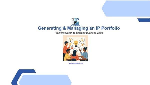 Business professional managing an intellectual property portfolio with patents, trademarks, copyrights, and innovation strategy documents.