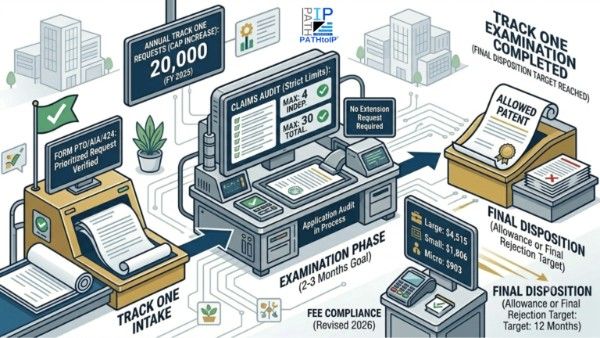 Illustration of US Patent Track One Prioritized Examination showing a fast-track patent filing process with documents, stopwatch, and USPTO concept.