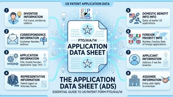 USPTO Application Data Sheet (PTO/AIA/14) form with patent application documents, inventor details, and intellectual property filing symbols.