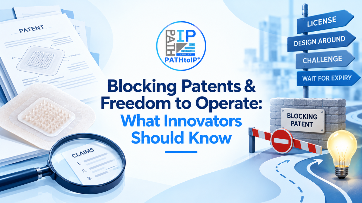Feature image titled “Blocking Patents & Freedom to Operate (FTO): What Innovators Should Know”. On the left, patent documents, a microneedle patch and a magnifying glass over a numbered claims list. On the right, a “Blocking Patent” wall with a barrier and no-entry sign, and a signpost pointing to License, Design Around, Challenge and Wait for Expiry.