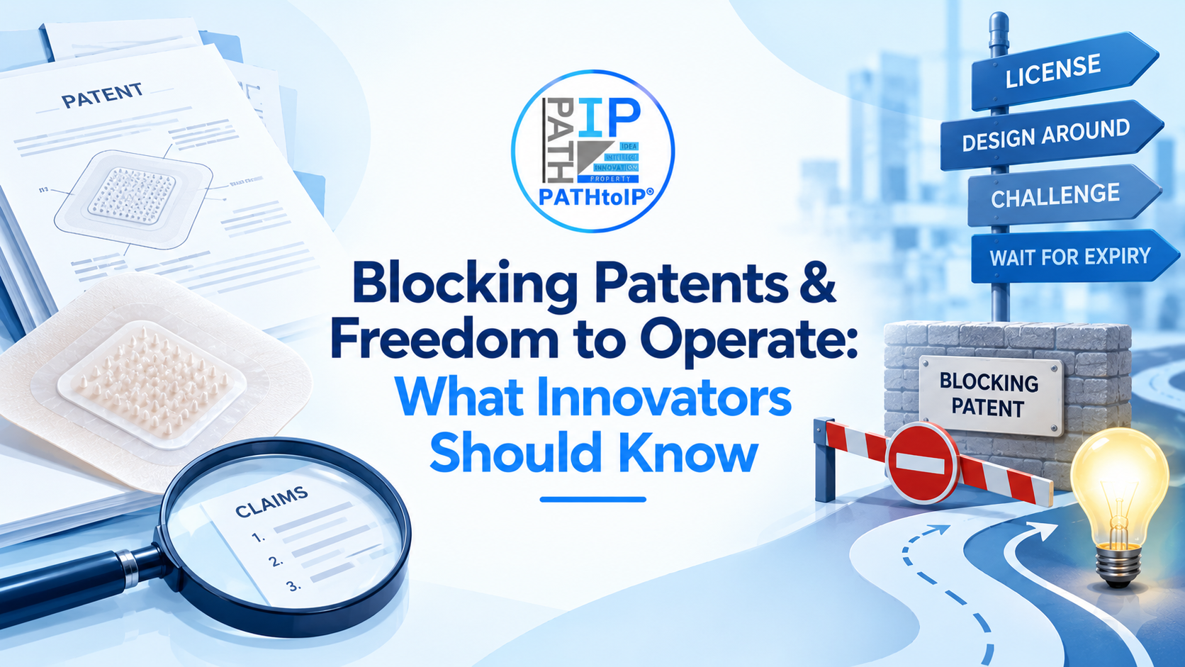 Feature image titled “Blocking Patents & Freedom to Operate (FTO): What Innovators Should Know”. On the left, patent documents, a microneedle patch and a magnifying glass over a numbered claims list. On the right, a “Blocking Patent” wall with a barrier and no-entry sign, and a signpost pointing to License, Design Around, Challenge and Wait for Expiry.